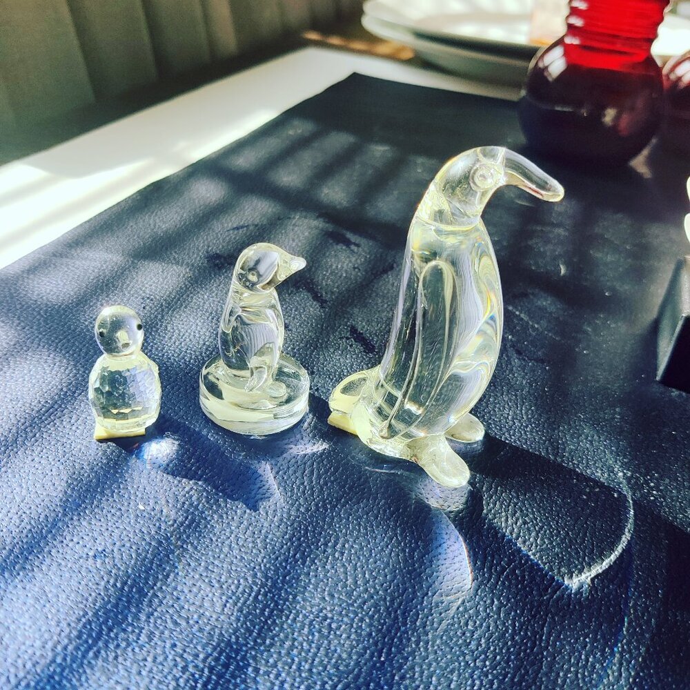 A Penguin Parade. Three Penguins in Crystal Glass looking impeccable.